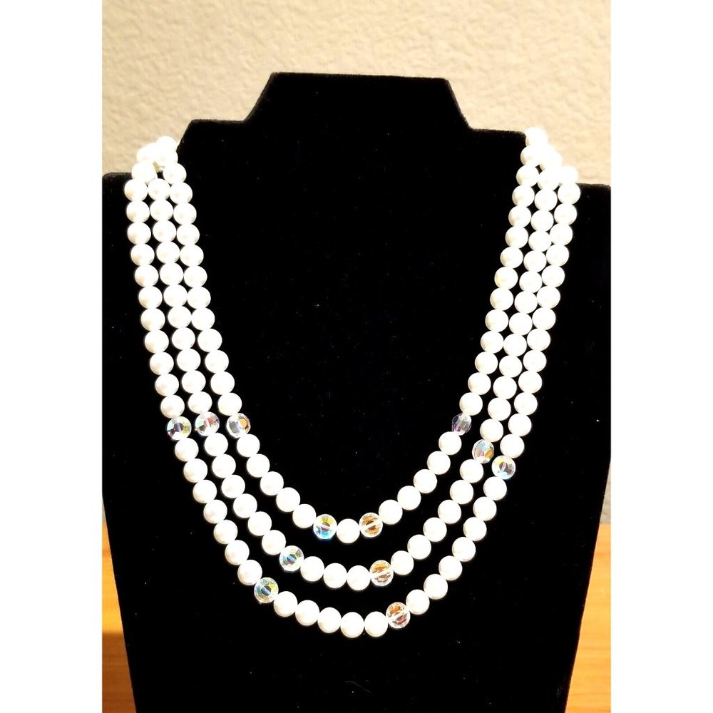 **Vintage Japan Glass Pearls and Crystal 3 Strands Necklace**